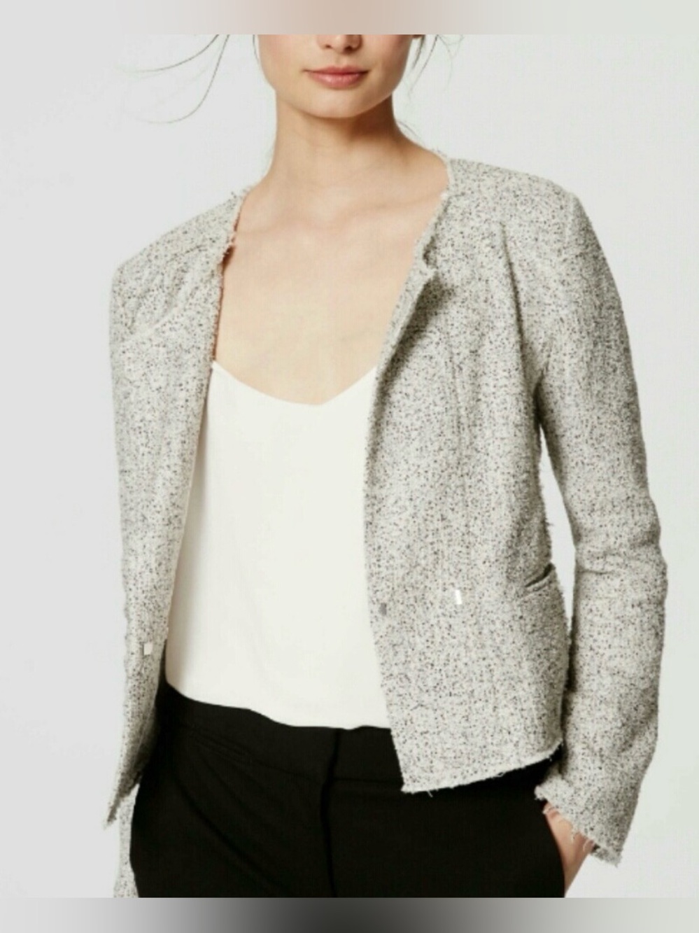 LOFT White/Black Bouclé Blazer with Fringe Petite